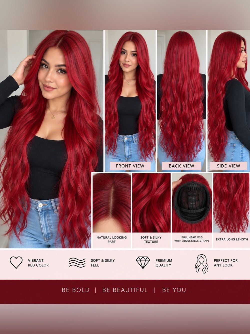 Vibrant Red Extra Long Full Head Wig – Wavy Glam Costume Hair